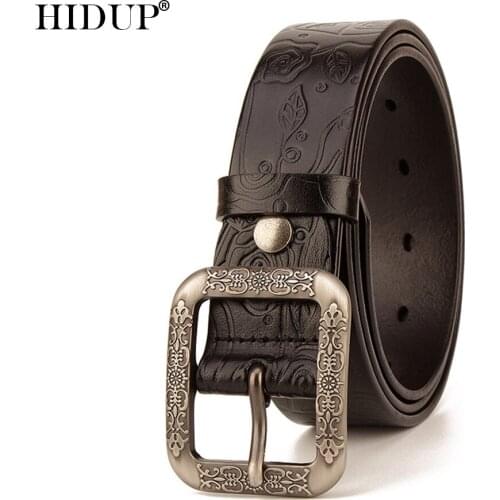 HIDUP Top Quality Design Novelty Floral Cow Genuine Leather Belts Pin Buckle Alloy Belt for Women Accessories 3.4cm Width NWJ903