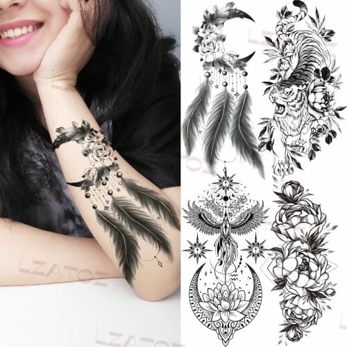 Moon feather pendant Temporary Tattoos For Women Girl Peony tiger totem Realistic Fake Tattoo Body Art Drawing Half Sleeve Tatoo