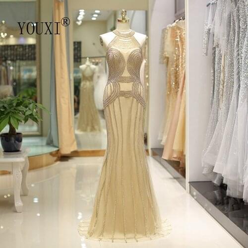 YOUXI Gorgeous Mermaid Evening Dress 2020 Gold Crystal Beading Abendkleider Lang Formal Gown