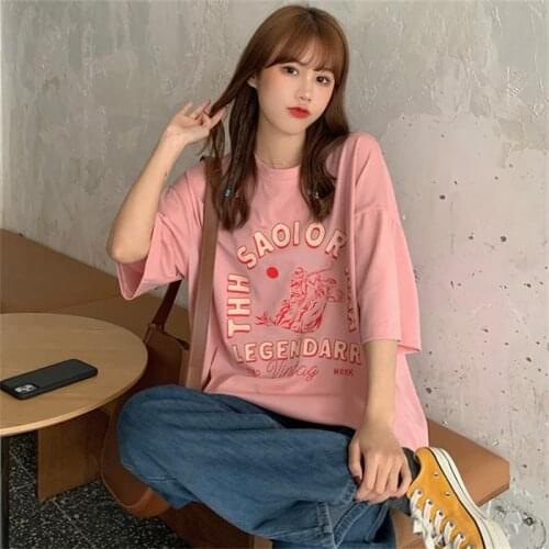 Womens T-shirts Tops Japanese Kawaii Ladies Ulzzang Vintage Ins Letter Print Tshirt Female Korean Harajuku Clothes For Women