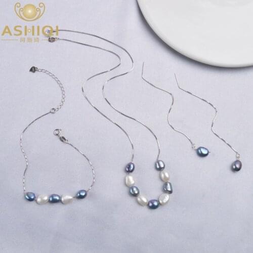ASHIQI 925 Sterling Silver Jewelry Sets Real Baroque Freshwater pearl Necklace Earrings Bracelet for women New