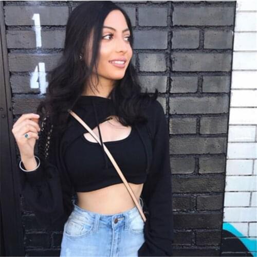 Long Sleeve Black Short Hooded Pullover Hoodies Streetwear Women Fashion Fish Net Hooded Sweatshirt Crop Patchwork