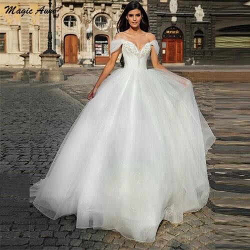Magic Awn 2021 Princess Wedding Dresses Off The Shoulder Beaded Sequins A-Line Elegant Bridal Gowns Sweep Train Robe De Mariage
