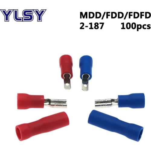 100pcs 4.8mm Female Male insulated crimp terminal FDD/FDFD/MDD2-187 Electrical wiring cable connector 16-14 AWG 1.5-2.5mm2