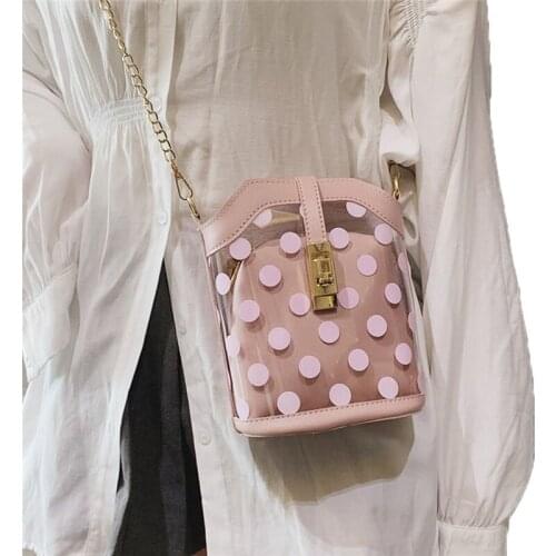 2021 Fashion Creative Ladies Dot Pattern Bucket Shoulder Bag Girls Chain Strap Transparent Crossbody Casual Messenger Handbags
