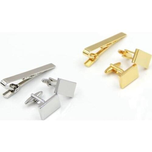 5sets/lot Simple Fashion Bright Plain Cufflinks&Tie Clips Set Gold/Silver Cuff Links Tie Pin Bar Sets Copper Made Mens Jewelry
