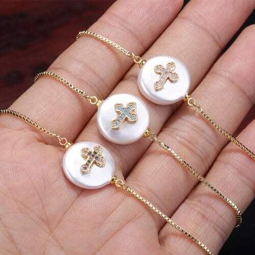 White sky blue mix cz paved religious gold cross charm round pearl bead connector thin link bracelets for woman hand jewelry