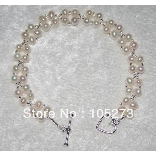 New Arriver Jewelry White Color 4-6mm Natural Freshwater Pearl Bracelet 2Rows Heart Clasp 7.5inch Wholesale New Free Shipping