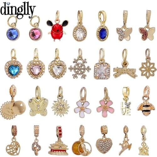 Dinglly Golden Heart Dangle Flowers Charm Big Hole Beads Fit Diy Bracelets & Necklace Accessories Butterfly Mouse Pendant