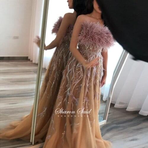 Luxury Feathers Long Arabic Evening Gowns for Women Wedding Party Dresses Champagne Beading Dubai Formal Prom Engagemant Dress