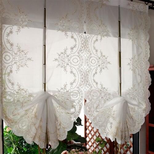 European Golden Thread Embroidered Balloon Lifting Tulle Curtain Fan-shaped Rod Pocket Roman Sheer Curtain For Kitchen Door #4