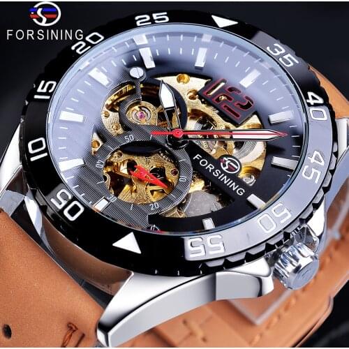 Forsining Creative Mechanical Sport Watches Mens Automatic Half Color Dial Brown Leather Band Racing Outdoor Watch Reloj Hombre
