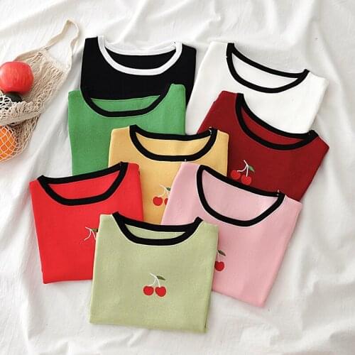 HELIAR Plain T-shirts Cherry Printed Tees Women Summer Knitted O-Neck Short Sleeve Cherry Knitted T-shirts Women Black Hem Tees