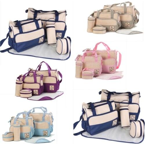 5pcs Set Canvas Practical Mother Handbag Baby Diaper Nappy Bag Milk Bottle Travel Storage Organizer 5pcs Storage Bags Set