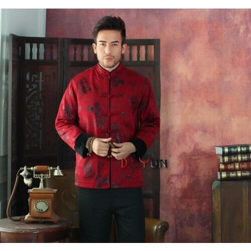 New Arrival Red Chinese Traditional Mens Mandarin Collar Jacket Long sleeve Coat Middle-aged Tang suit S M L XL XXL XXXL