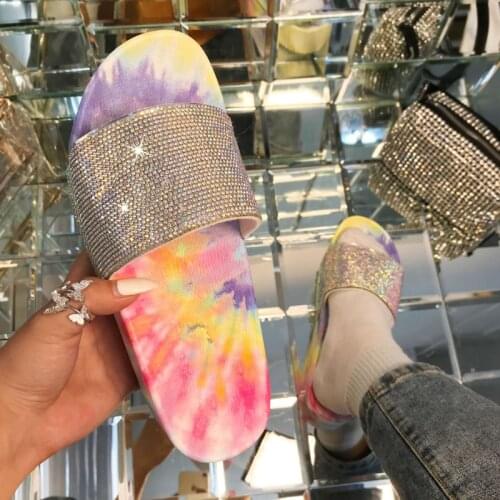 Summer New Rhinestone Slippers Tie Dye Mid Heel Sandals Open Toe Fashion Outdoor Womens Shoes Plus Size 41