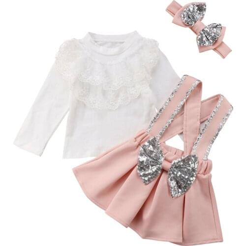 1-6Y Toddler Clothes Kid Baby Girls Long Sleeve Lace Ruffles T-shirt Tops + Bow Tutu Strap Skirts Princess Kid Costumes 2021