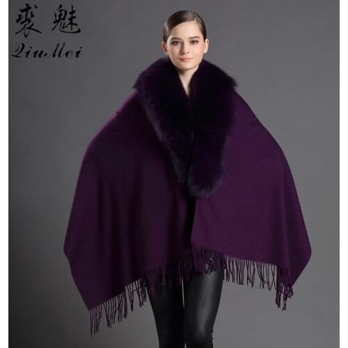 Russian Womens Cashmere Coat With Real Fox Fur Collar Fashion Women Ponchos And Capes Cashmere Female Pashmina Shawl Coat