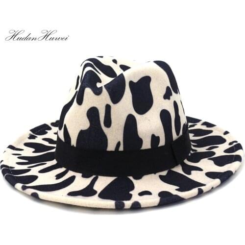 Fall Winter Men Women New Cow Pattern Black Square Knot Wide Brim Woolen Felt Jazz Panama Hat for Church Party Elegant