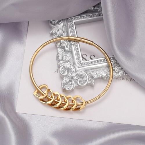 Personalized Heart Charm Engraved Bracelet Bangle Custom Name Stainless Steel Inspirational Women Mantra Jewelry