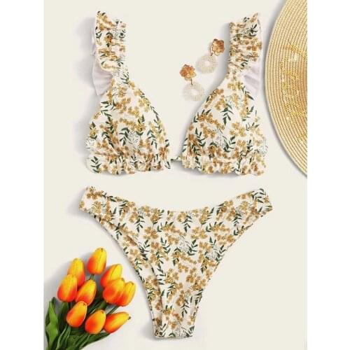 Sexy Mini Thong Bikini Floral Print Ruffle Swimsuit Micro Shiny Bandage Swimwear Women Push Up 2 Piece Bathing Suit Biquini