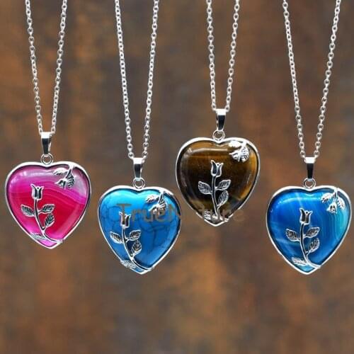 Silver Finish Heart Shape Necklace Elegant Silver Rose Tiger Eye/ Stripped Agates/ Sodalite Stone Pendant In 18 Inch NM7803