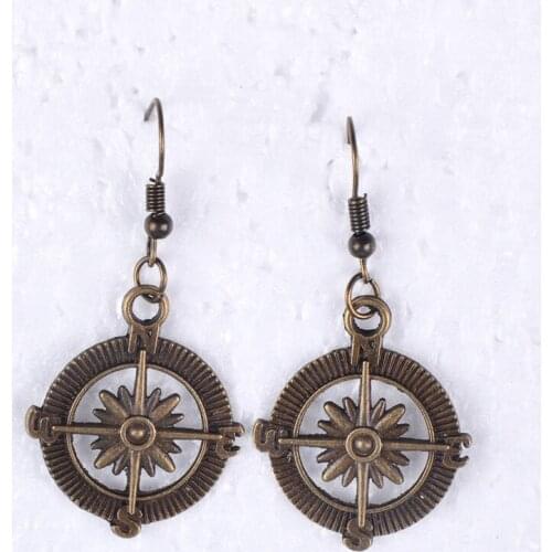 25MM Vintage Antique bronze plated compass earrings metal drop dangle alloy earing jewelry women vintage fashion jewellery