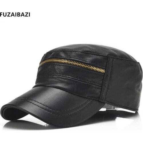 FUZAIBAZI New Adjustable Size Genuine Leather Hat Spring Autumn Fashion Sheepskin Military Hats For Men Thin Leisure Flat Cap