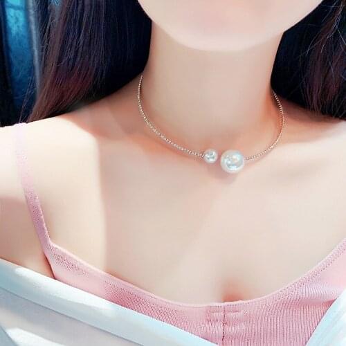 TIMEONLY Delicate Shinning Rhinestones Big Imitation Pearl Choker Necklace Korean Style Charms Necklaces for Women Girl Jewelry