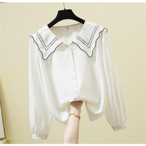 Doll collar long-sleeved shirt female plus size 2021 spring and autumn Korean long-sleeved retro temperament shirt