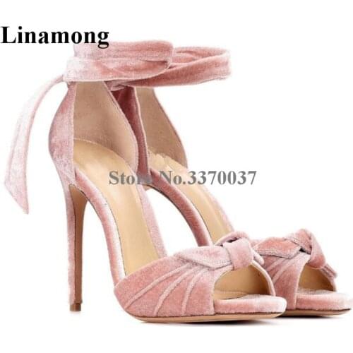 2019 New Design Women Fashion Open Toe Velvet Thin Heel Sandals Lace-up Bowtie Pink Blue High Heel Sandals Party Dress Shoes