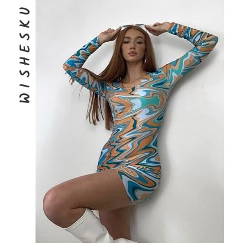 Women Long Sleeve Bodycon Mini Dresses Sexy Wave Printed Lolita Boho Party Robe 2021 Summer Beach Vacation Club Runway Dress