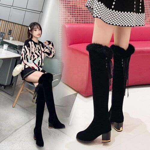 YMECHIC 2021 Warm Plush Inside Fur Winter Over The Knee Boots for Womens Flock Back Cross-tied Sexy Party Shoes Ladies Size 45