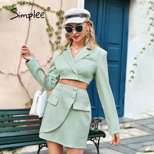 Simplee Casual Autumn Solid Women Dress Sets Pocket Lapel Collar Full Sleeves Top Straight Wrap Mini Dress Lady Two Pieces Sets