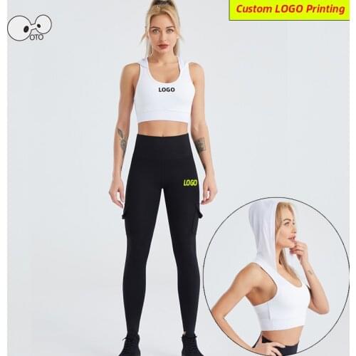 Custom LOGO Women Hooded Sports Bra Yoga Running Set Quick Dry Elastic Gym Crop Top Pants Fitness 2 Pcs Sports Suit Tracksuit