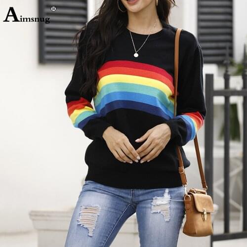 Women Sweater Autumn 2020 Leisure Casual Long Sleeve Top Streetwear Rainbow Knitted Sweaters Femme Winter Warm Clothes Pullovers