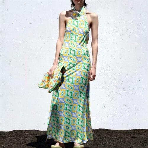 PUWD Casual Woman Green Halter Print Long Dress 2021 Summer Fashion Ladies Backless Beach Dresses Female Sleeveless Midi Dress