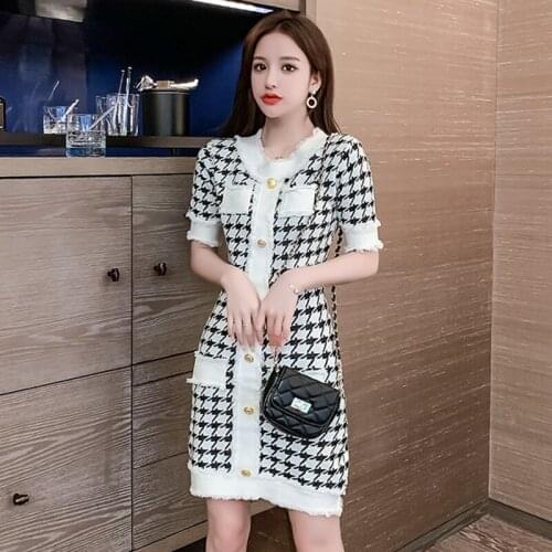 High-end 2020 Summer Single Breasted Short Sleeve Mini Plaid Brief Knit Women Sexy Dress Vestidos
