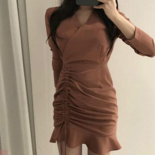 Women Autumn Mini Bud Dress V Neck Drawstring Vestidos Sexy Bodycon Robe Femme Wrap Hips Ruffle Hem Sukienki Jurken Long Sleeve