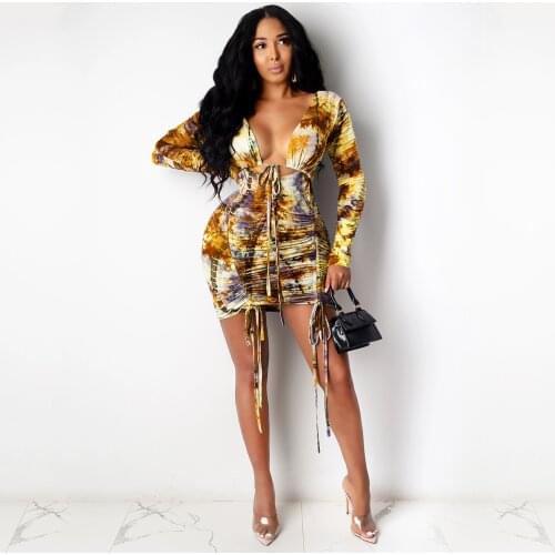 Summer New Style 2021 Ladies Fashion Print Temperament Commuter Strap Halter Drawstring Long-Sleeved Dress Slim Fit