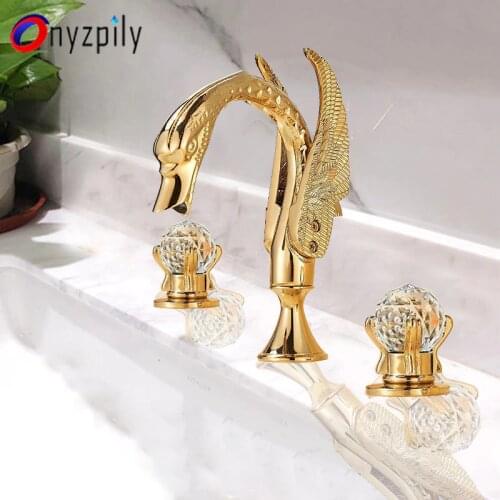 Golden Basin Faucet Bathroom Sink Tap Polished Gold Bathtub Swan Two Glass Handles 3 Hole Mixer Elegant tap Widespread torneira