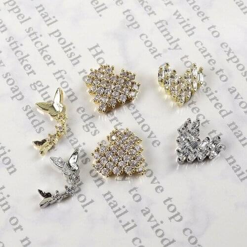2Pcs High Quality Zircon Nail Art Jewelry Heart Butterfly Gold Silver Nail Charms 3D Cyrstal Rhinestones UV Gel Manicure Gems