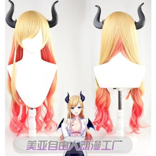 Anime VTuber Hololive Yuzuki Choco Cosplay Wig Horns 2nd Fes. Cosplay Gradient Yellow Pink Blonde Long Curly Wig