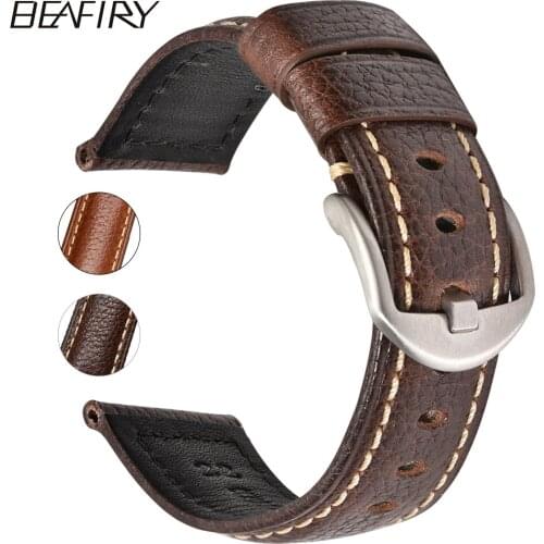 BEAFIRY Vintage Brown 20mm 22mm 24mm Watch Band Calf Leather Watch Strap Handmade Litchi Watchbands Wristband For Samsung Huawei