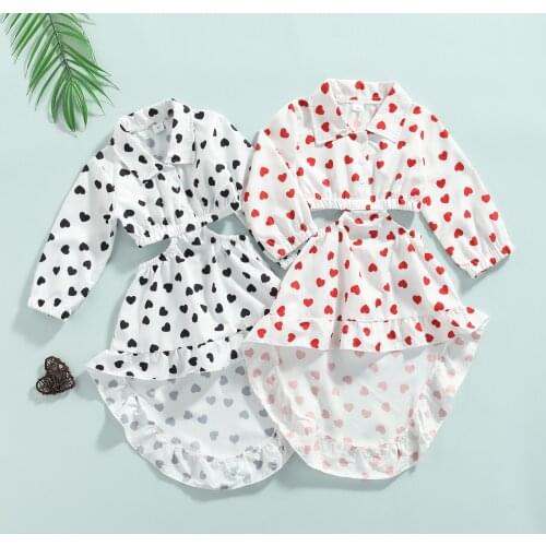 Kids Girls Fashion Dress Heart Print Shirt Collar Long Sleeve Hollow-Waist Ruffle Casual Dress Children Clothing 1-6Y