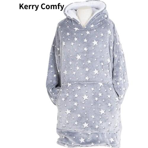 Glow In The Dark Flannel Fleece with Sherpa Oversized Hoodie Blanket Sweatshirt Adult Kids Winter Thick Comfy Weighted Blanket