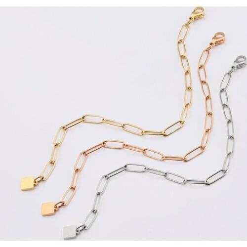 Fnixtar 20Pcs Link Chain Square Pendant Bracelets Mirror Polish Stainless Steel Anklet Bracelets For Childrens Womens Jewelry