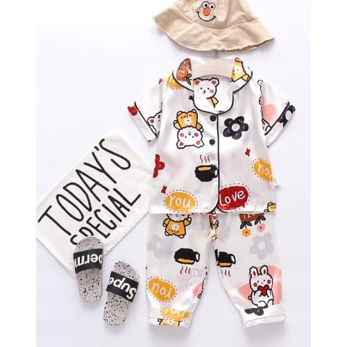 IENENS Kids Pajama Sets Silk Satin Pajamas Boys Girls Clothing Sets Short Sleeve Blouse Tops+Long Pants Sleepwears Nightclothes