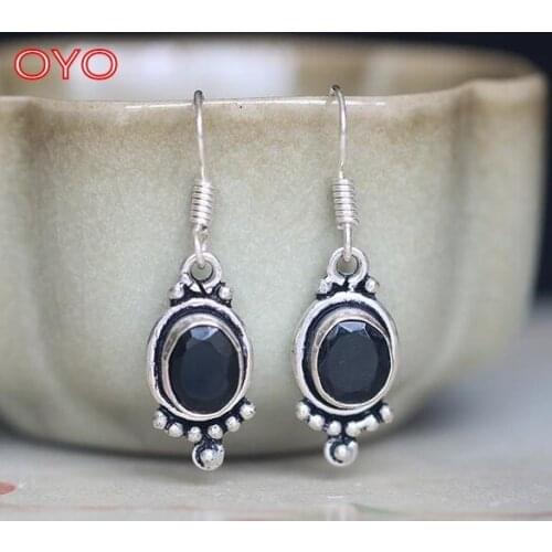 S925 Sterling Silver Indian Hand Inlaid Natural Black Agate Earrings