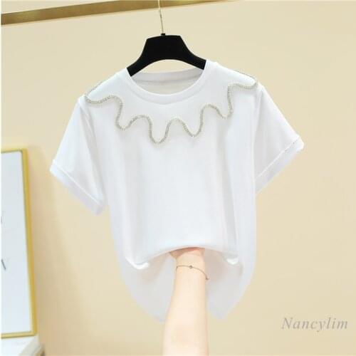 Exquisite Rhinestone Chain Round Neck Pullover Pure Cotton Short Sleeve T-shirt Women 2021 Summer Female Top White Black